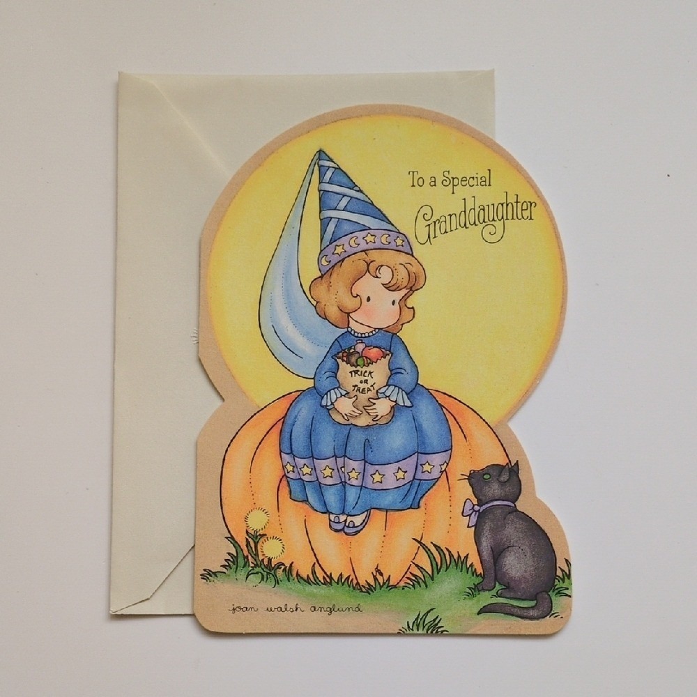 Vtg Hallmark Halloween Granddaughter Greeting Card Black Cat Girl Trick or Treat